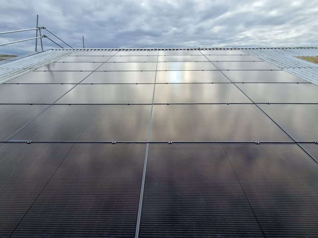 Solar panels installed on a commercial building roof